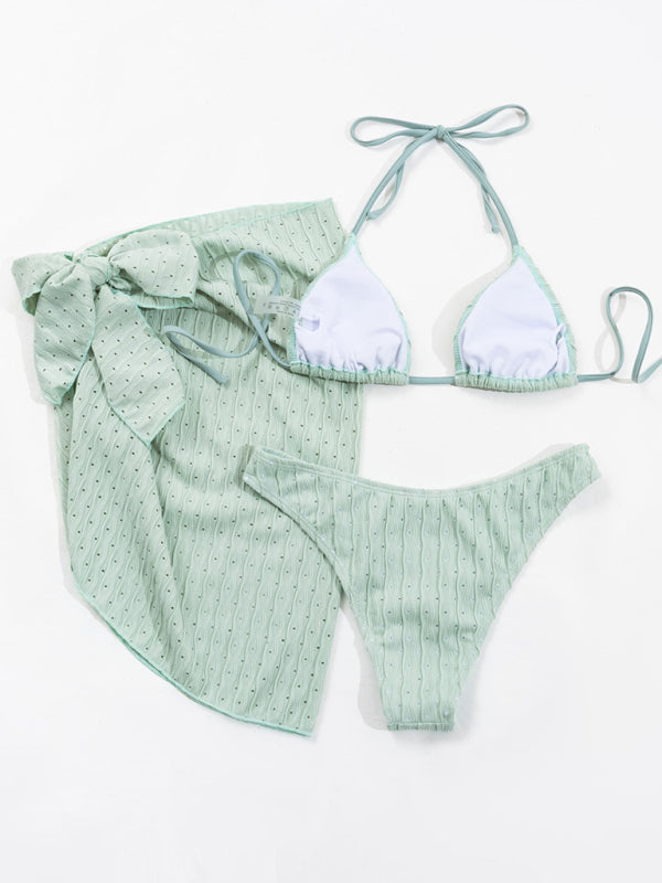 Textured Lace-Up Three-Piece Bikini Set – Boho Style with Long-Sleeve Cover-Up