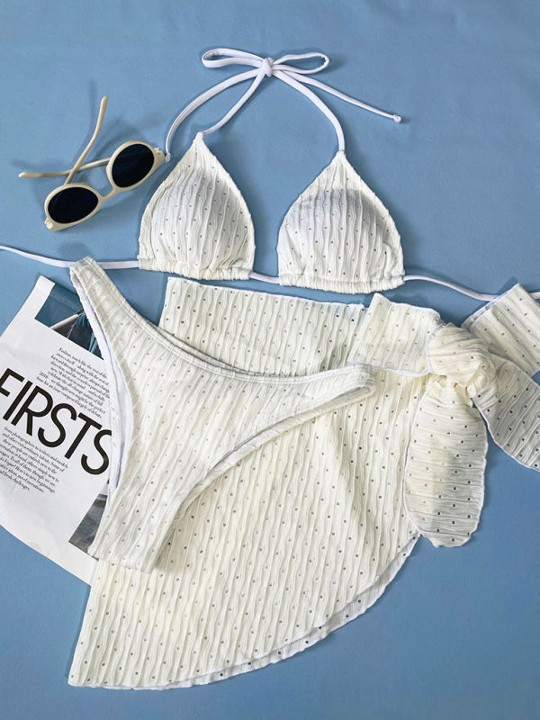 Textured Lace-Up Three-Piece Bikini Set – Boho Style with Long-Sleeve Cover-Up