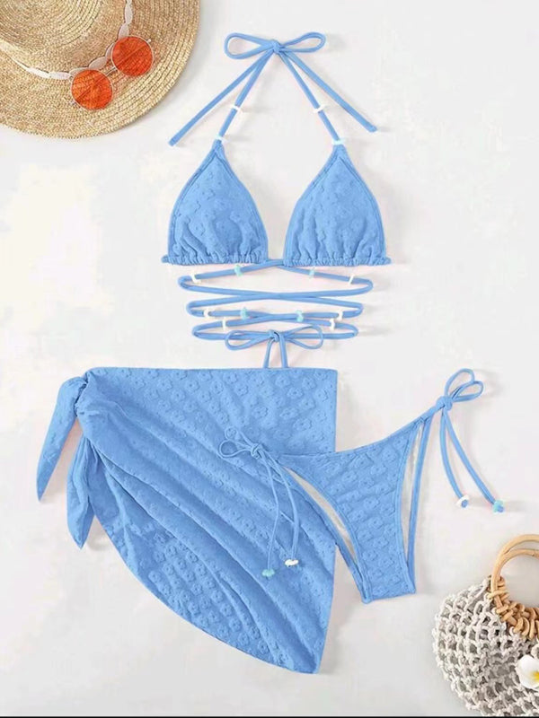 Three-Piece Floral Lace Bikini Set – Feminine Boho Style with High Waist