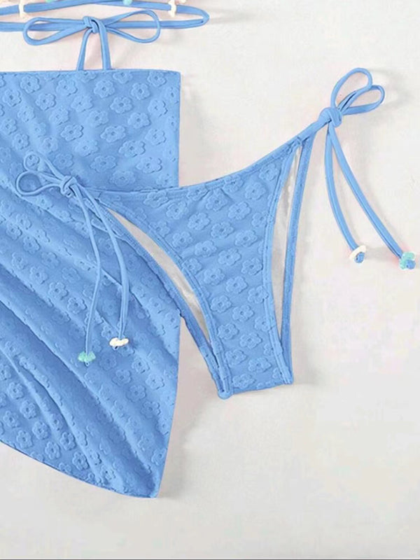 Three-Piece Floral Lace Bikini Set – Feminine Boho Style with High Waist