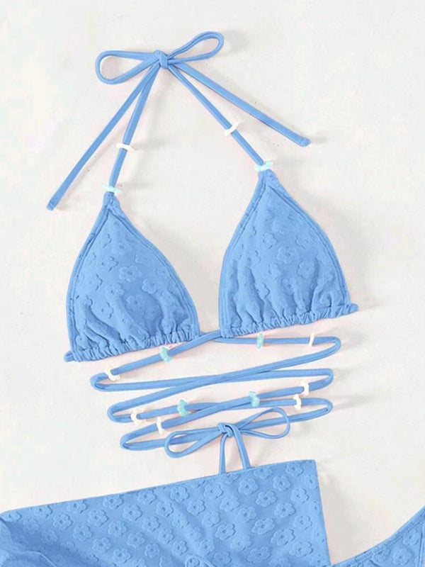 Three-Piece Floral Lace Bikini Set – Feminine Boho Style with High Waist