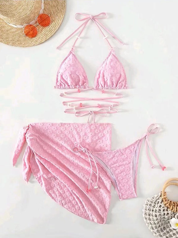 Three-Piece Floral Lace Bikini Set – Feminine Boho Style with High Waist