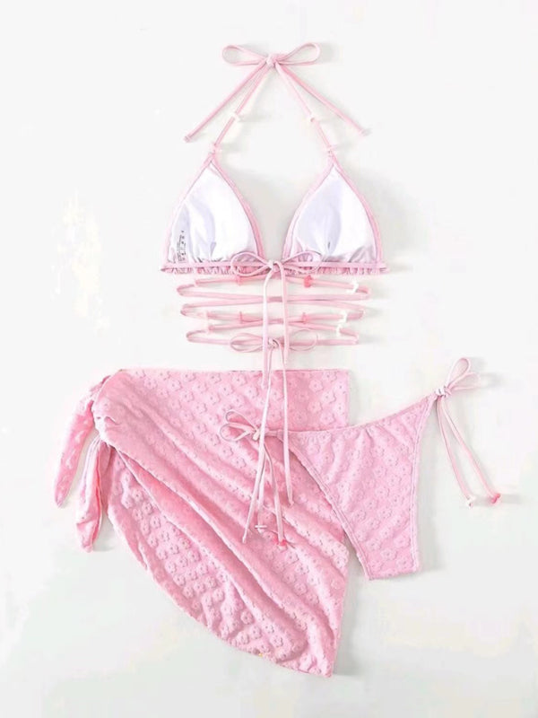 Three-Piece Floral Lace Bikini Set – Feminine Boho Style with High Waist