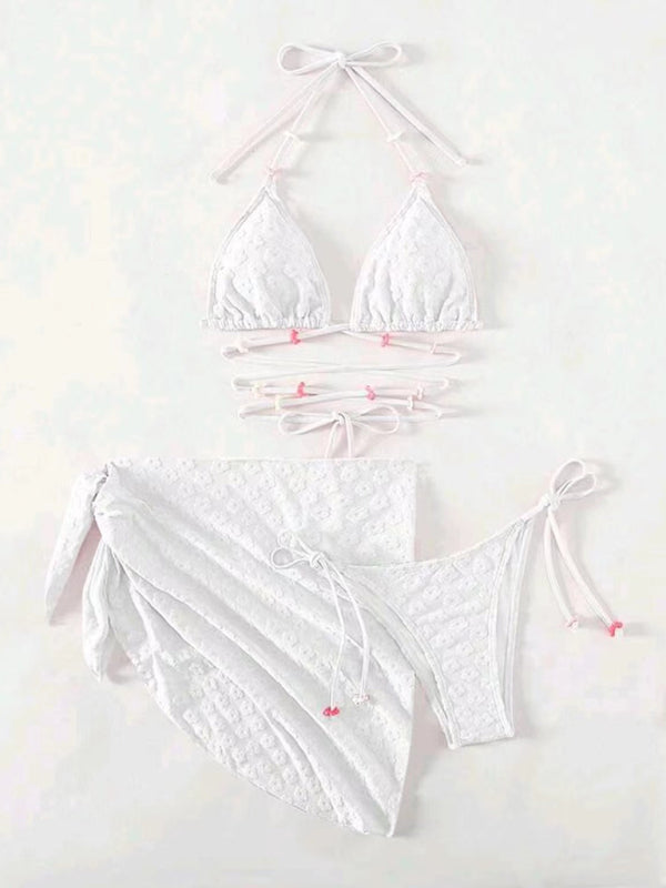 Three-Piece Floral Lace Bikini Set – Feminine Boho Style with High Waist
