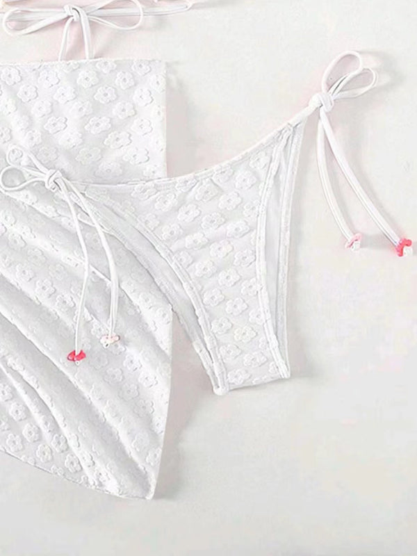 Three-Piece Floral Lace Bikini Set – Feminine Boho Style with High Waist