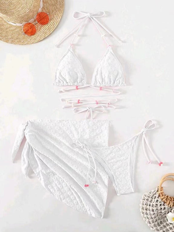 Three-Piece Floral Lace Bikini Set – Feminine Boho Style with High Waist