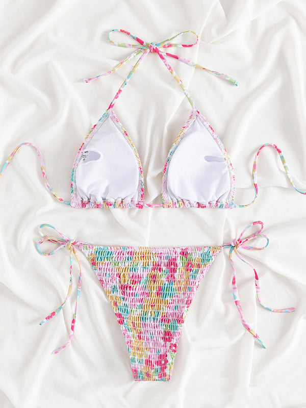 Pleated Boho Bikini Set – Stretch Fit Two-Piece with Printed Design