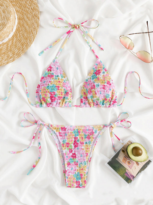 Pleated Boho Bikini Set – Stretch Fit Two-Piece with Printed Design