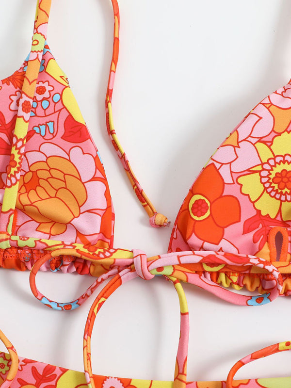 Floral High-Waisted Bikini Set – Strappy Top & Comfortable Brazilian Cut