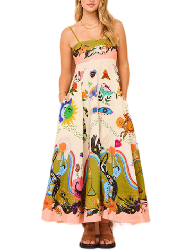 Graffiti Print Linen-Blend Swing Dress – Sleeveless, Lightweight & Chic