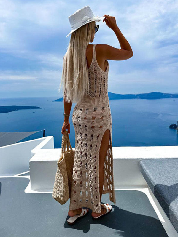 Knitted V-Neck Hollow Out Slit Dress – Slim Fit, Spring-Summer Style