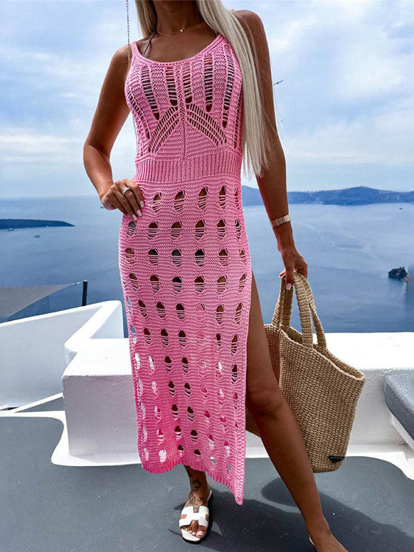 Knitted V-Neck Hollow Out Slit Dress – Slim Fit, Spring-Summer Style