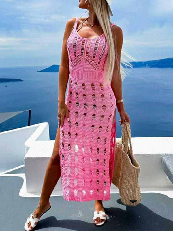 Knitted V-Neck Hollow Out Slit Dress – Slim Fit, Spring-Summer Style