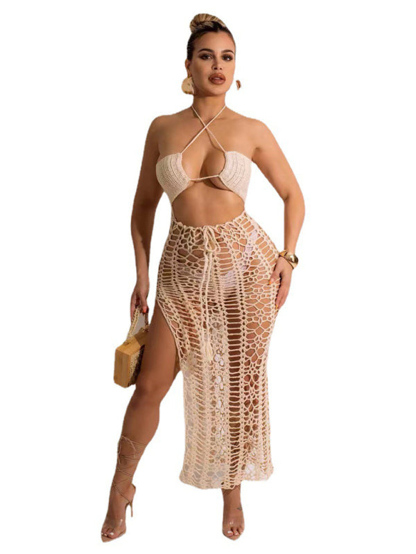 Women's Long Fringed Knit Beach Skirt – Side Slit & Stretch Suspender Design