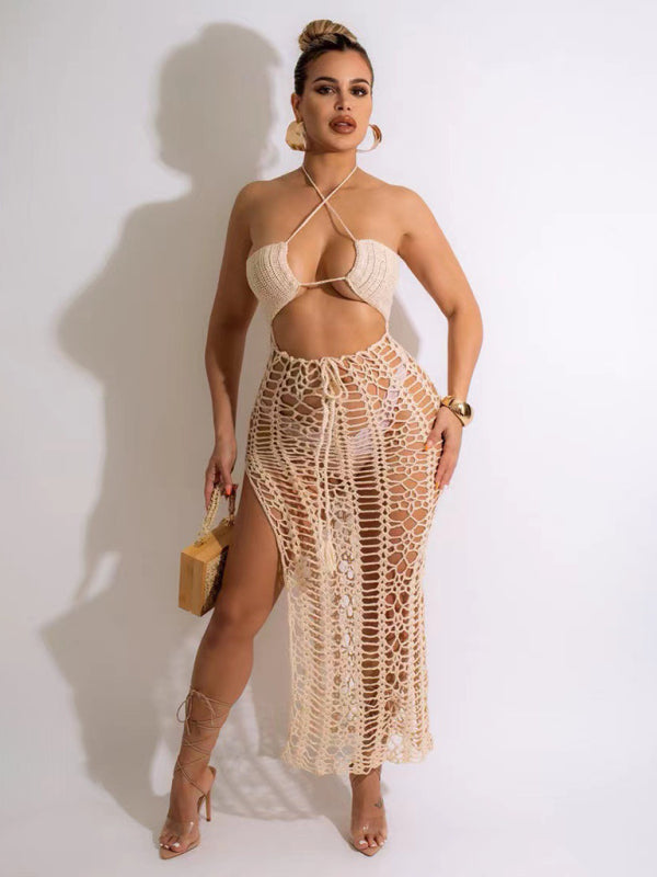 Women's Long Fringed Knit Beach Skirt – Side Slit & Stretch Suspender Design