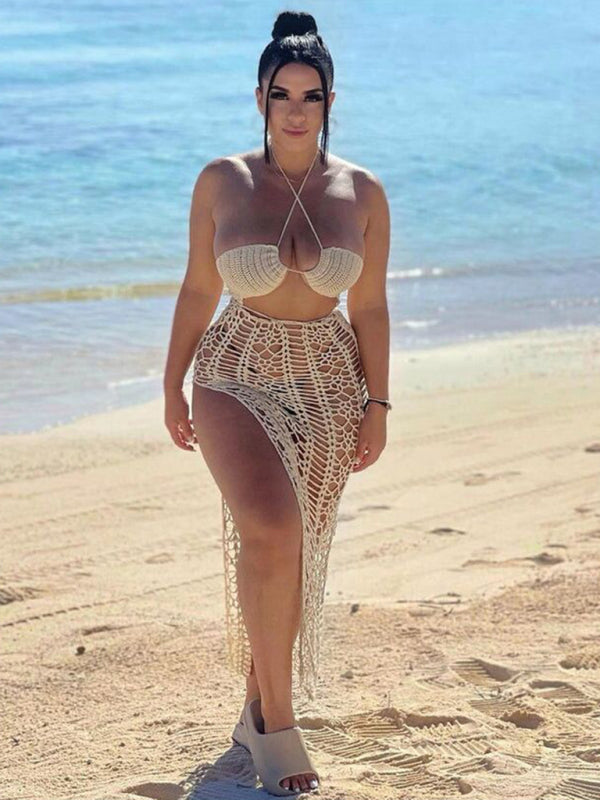 Women's Long Fringed Knit Beach Skirt – Side Slit & Stretch Suspender Design