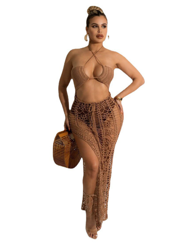 Women's Long Fringed Knit Beach Skirt – Side Slit & Stretch Suspender Design