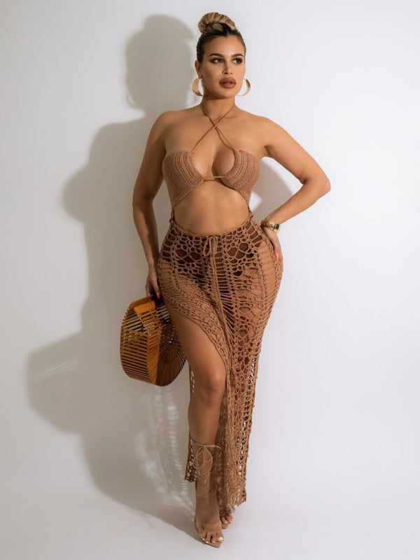 Women's Long Fringed Knit Beach Skirt – Side Slit & Stretch Suspender Design