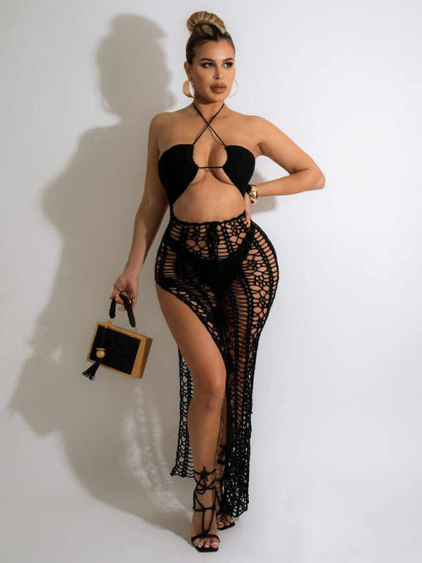 Women's Long Fringed Knit Beach Skirt – Side Slit & Stretch Suspender Design