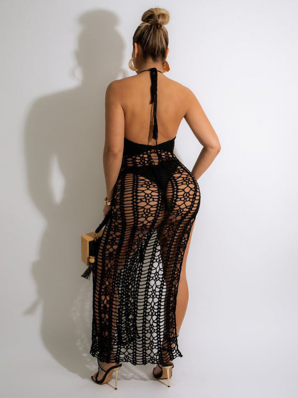 Women's Long Fringed Knit Beach Skirt – Side Slit & Stretch Suspender Design