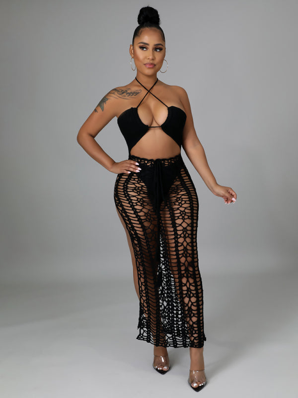 Women's Long Fringed Knit Beach Skirt – Side Slit & Stretch Suspender Design