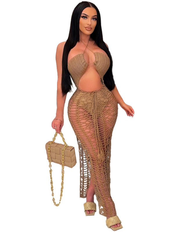 Women's Long Fringed Knit Beach Skirt – Side Slit & Stretch Suspender Design