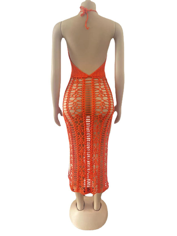 Women's Long Fringed Knit Beach Skirt – Side Slit & Stretch Suspender Design
