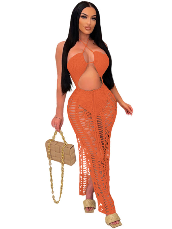 Women's Long Fringed Knit Beach Skirt – Side Slit & Stretch Suspender Design