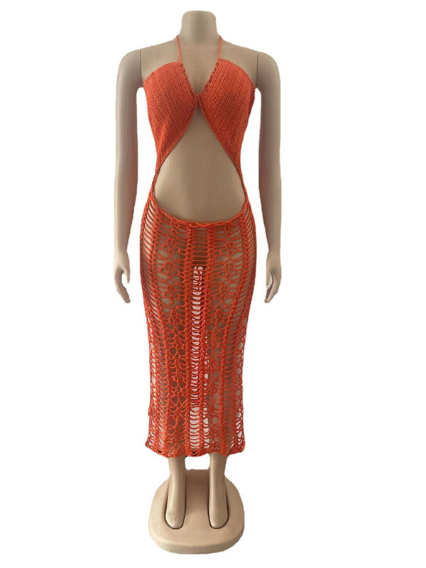 Women's Long Fringed Knit Beach Skirt – Side Slit & Stretch Suspender Design