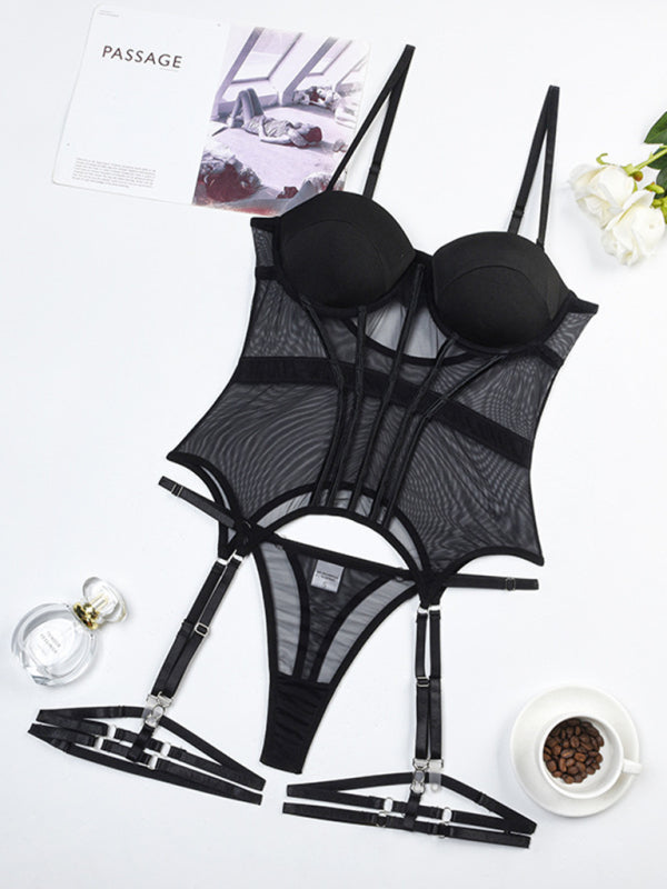 Mesh Body-Shaping One-Piece Lingerie with Steel Ring & Leg Loops – Black