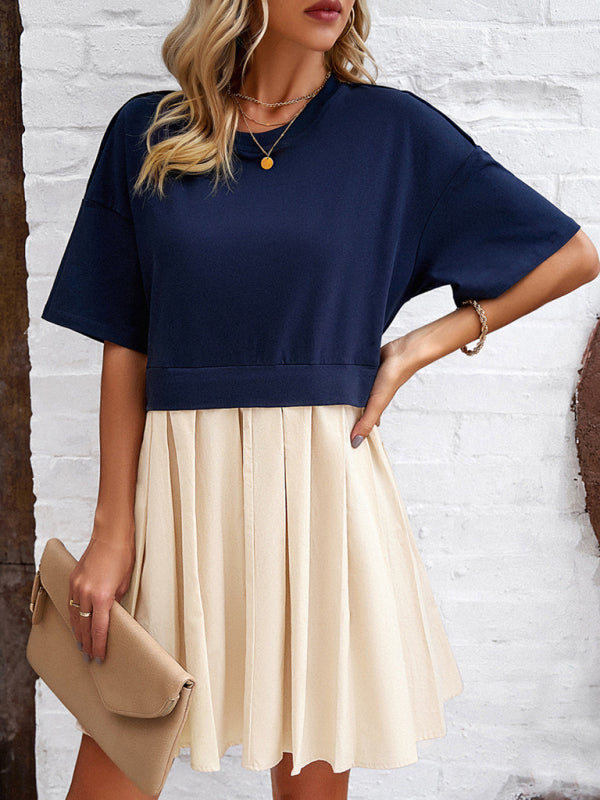 Elegant Short-Sleeved Patchwork Dress – Spring Leisure Style
