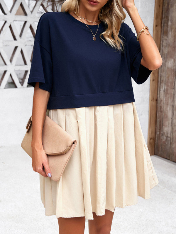 Elegant Short-Sleeved Patchwork Dress – Spring Leisure Style
