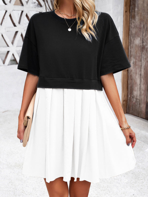 Elegant Short-Sleeved Patchwork Dress – Spring Leisure Style