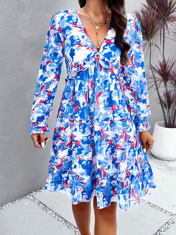 Printed V-Neck Long-Sleeve Mini Dress – Cute Woven Spring Style