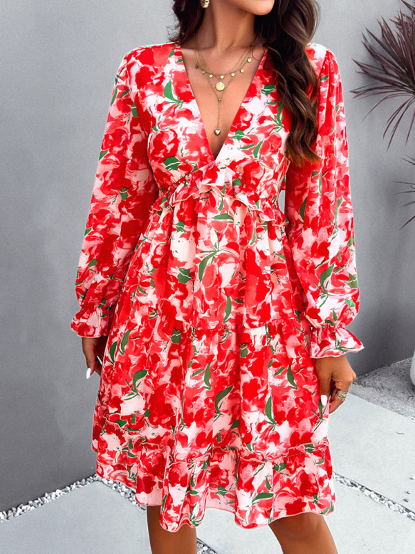 Printed V-Neck Long-Sleeve Mini Dress – Cute Woven Spring Style