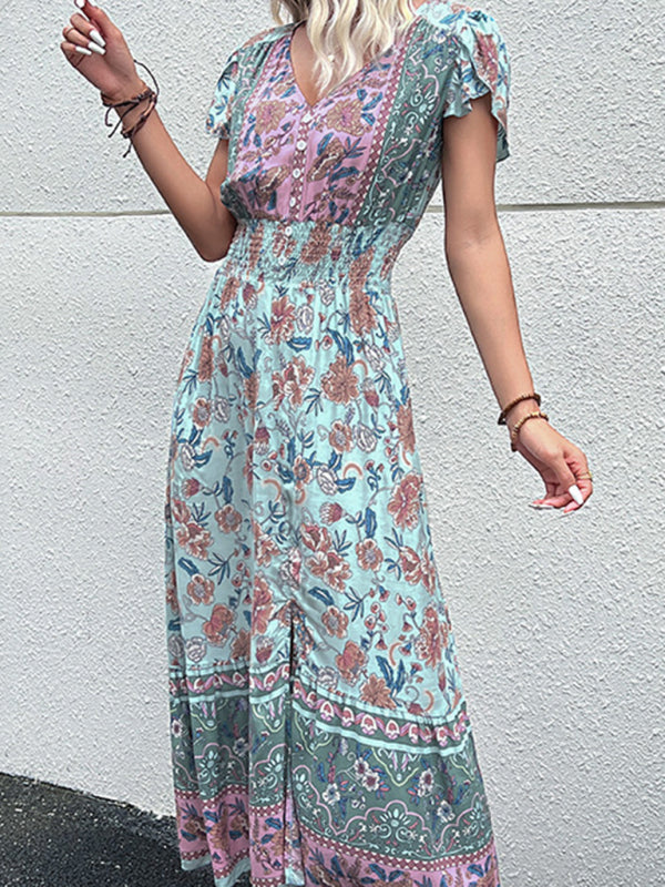 Boho V-Neck Floral Slit Maxi Dress – Rayon Lightweight Vacation Look