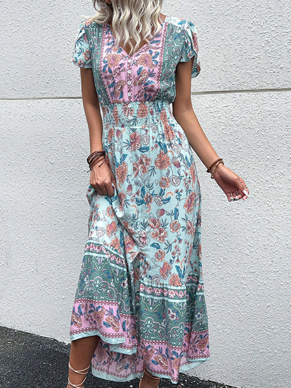 Boho V-Neck Floral Slit Maxi Dress – Rayon Lightweight Vacation Look