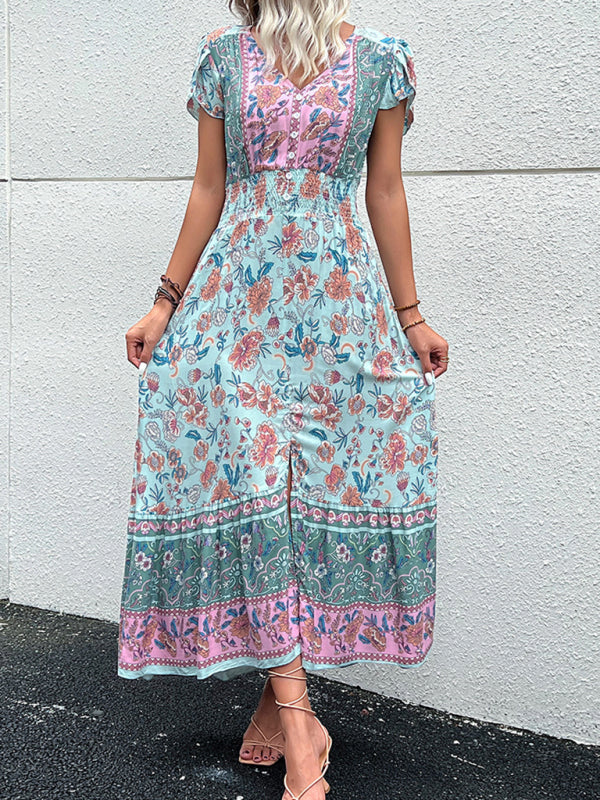 Boho V-Neck Floral Slit Maxi Dress – Rayon Lightweight Vacation Look