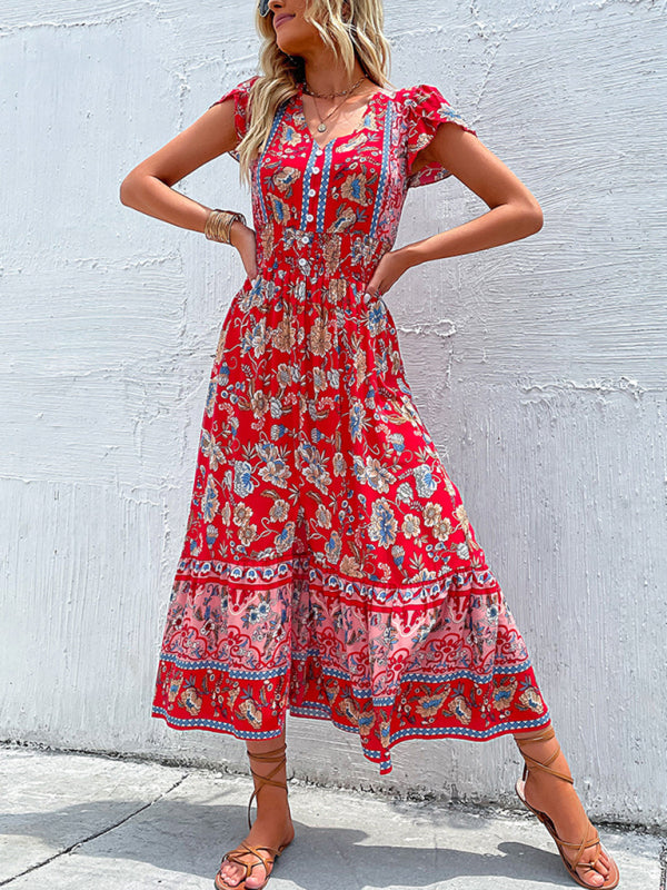 Boho V-Neck Floral Slit Maxi Dress – Rayon Lightweight Vacation Look
