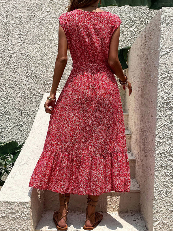 Resort Style Sleeveless Printed Dress – Strappy Back & Romantic Woven Rayon