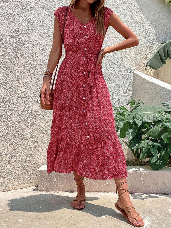 Resort Style Sleeveless Printed Dress – Strappy Back & Romantic Woven Rayon