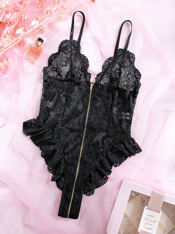 Lace Spliced Zip-Front Backless Bodysuit – Sexy Knit One-Piece Lingerie