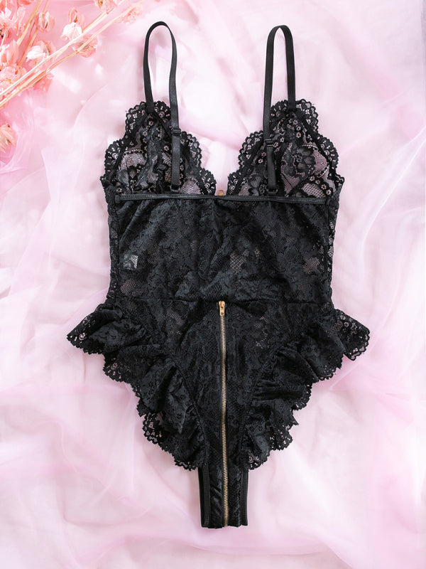 Lace Spliced Zip-Front Backless Bodysuit – Sexy Knit One-Piece Lingerie