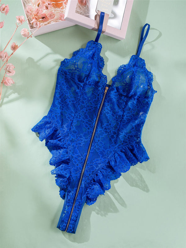 Lace Spliced Zip-Front Backless Bodysuit – Sexy Knit One-Piece Lingerie