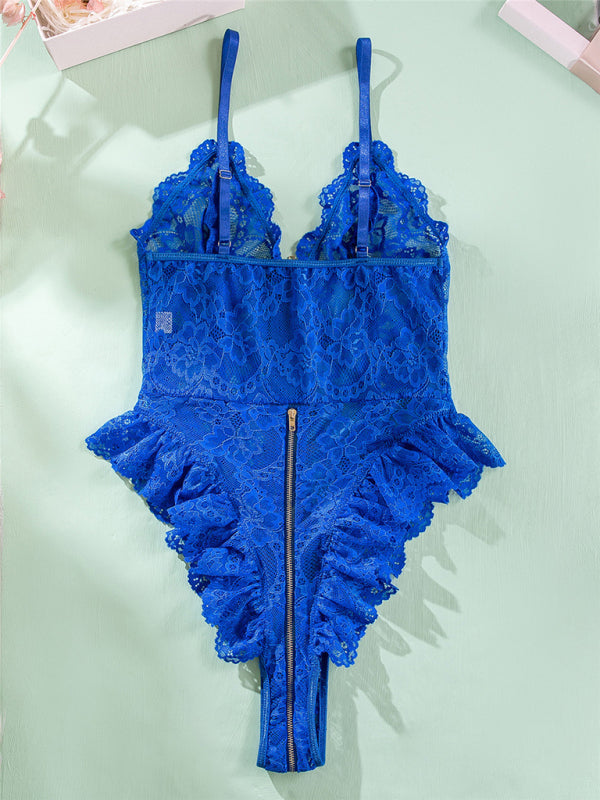 Lace Spliced Zip-Front Backless Bodysuit – Sexy Knit One-Piece Lingerie