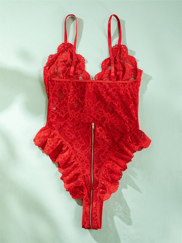 Lace Spliced Zip-Front Backless Bodysuit – Sexy Knit One-Piece Lingerie