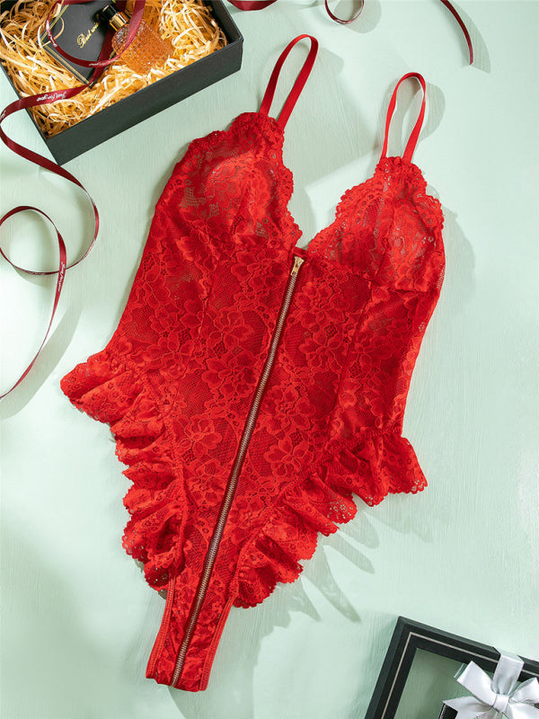 Lace Spliced Zip-Front Backless Bodysuit – Sexy Knit One-Piece Lingerie