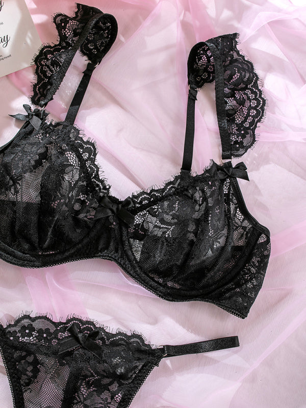 Lace Ruffle Sleeve Bow Lingerie Set – Sexy Two-Piece with Moderate Stretch