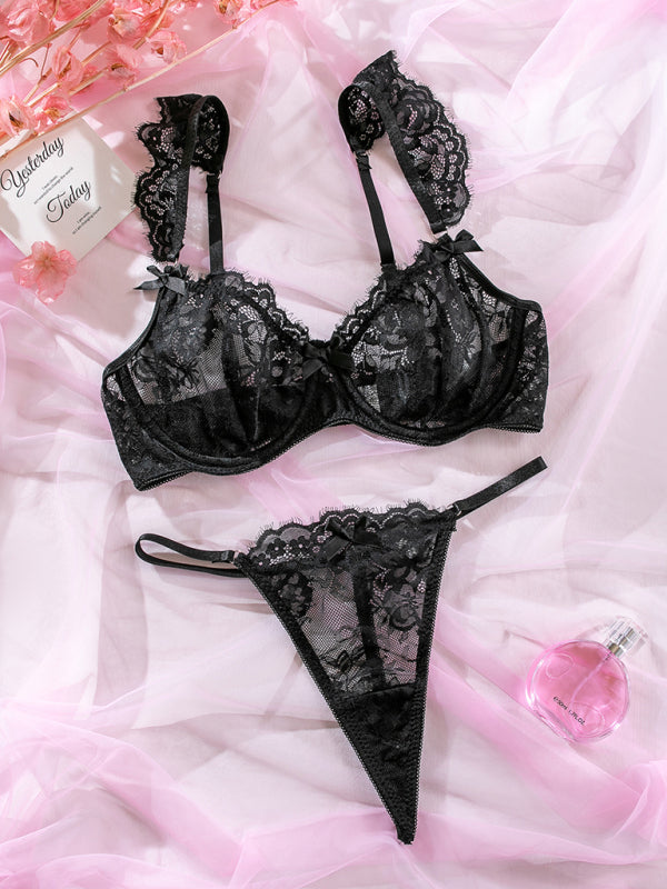 Lace Ruffle Sleeve Bow Lingerie Set – Sexy Two-Piece with Moderate Stretch