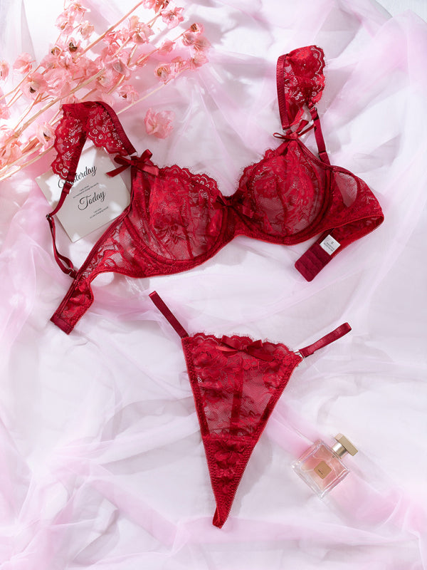 Lace Ruffle Sleeve Bow Lingerie Set – Sexy Two-Piece with Moderate Stretch